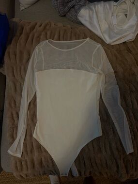 Abercrombie Sheer Panel Long-Sleeve White Bodysuit